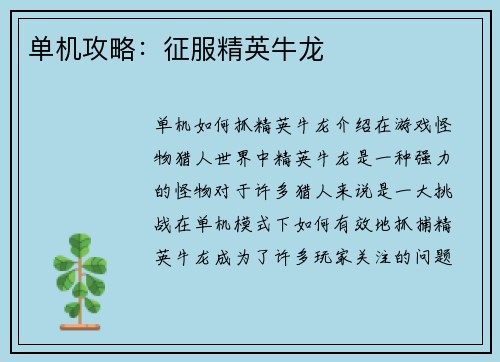 单机攻略：征服精英牛龙